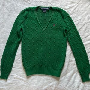 Ralph Lauren Kelly Green Cable Knit V-Neck Sweater, Sz M